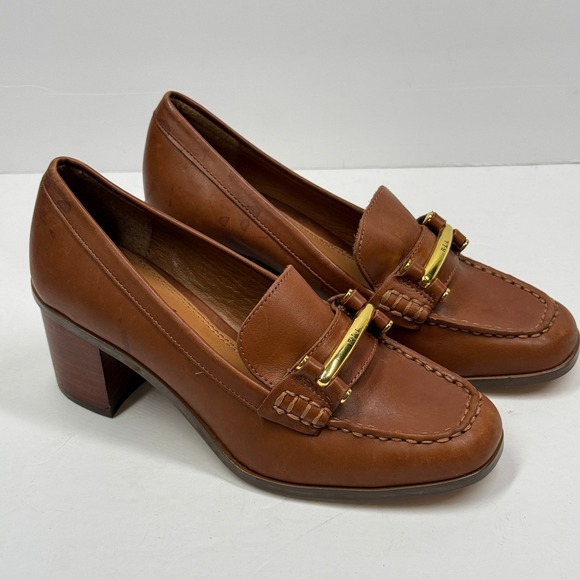 Lauren Ralph Lauren Shoes - Lauren Ralph Lauren Loafer Slip On Brown Leather Block Heel Classic Size 5.5B
